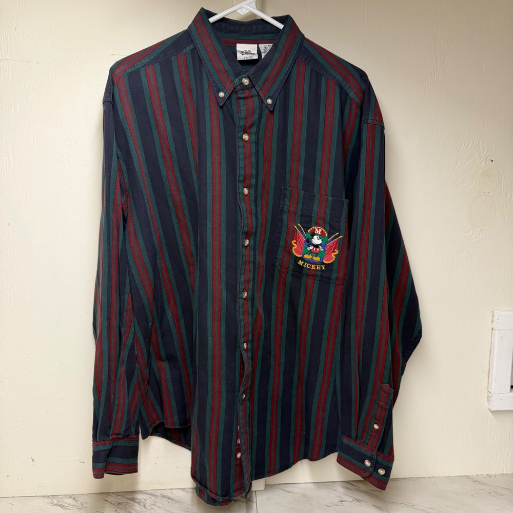 Vintage Disney Store Mickey Mouse Striped Button Down Shirt Mens Large Navy